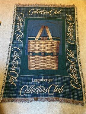 Longaberger Collectors Club 1999 Green Blue Plaid Woven Throw with Basket Motif